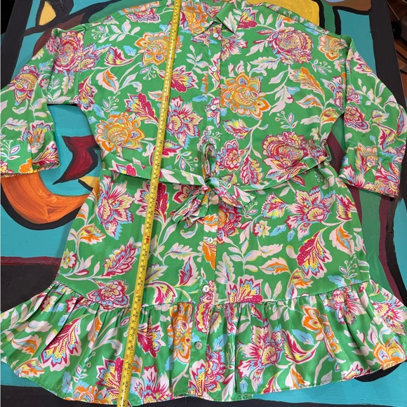 Zara Vibrant Green Floral Satin Button Down Dress with Pink and Yellow Details - Picture 4 of 7